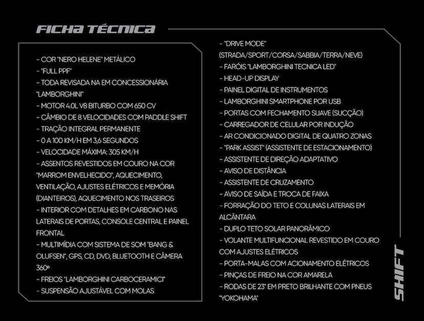 Foto do veículo LAMBORGHINI URUS 4.0 V8 TURBO GASOLINA LP650-4 AUTOMÁTICO 2020 49.520 KM R$ 2.590.000,00